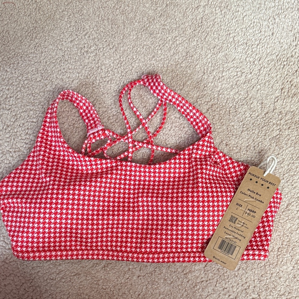 ACTA x Halle Pink and Red Houndstooth Sports Bra
